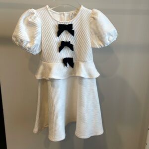Janie and Jack Ivory Cream Textured Dress With Black Bows, Girls Dress Size 8